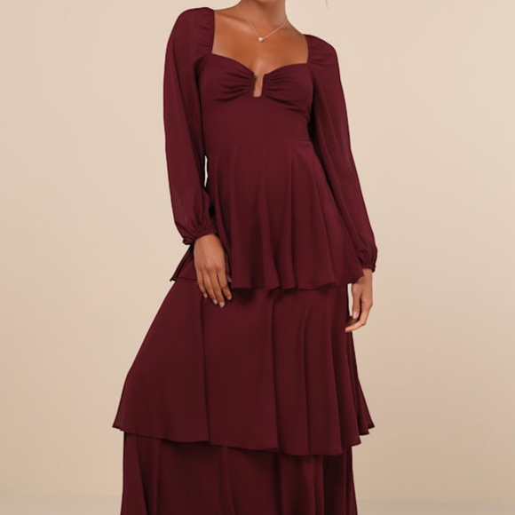 Lulus Tier To Enchant Burgundy Long Sleeve Tiered Maxi Dress - Size S - Picture 1 of 1